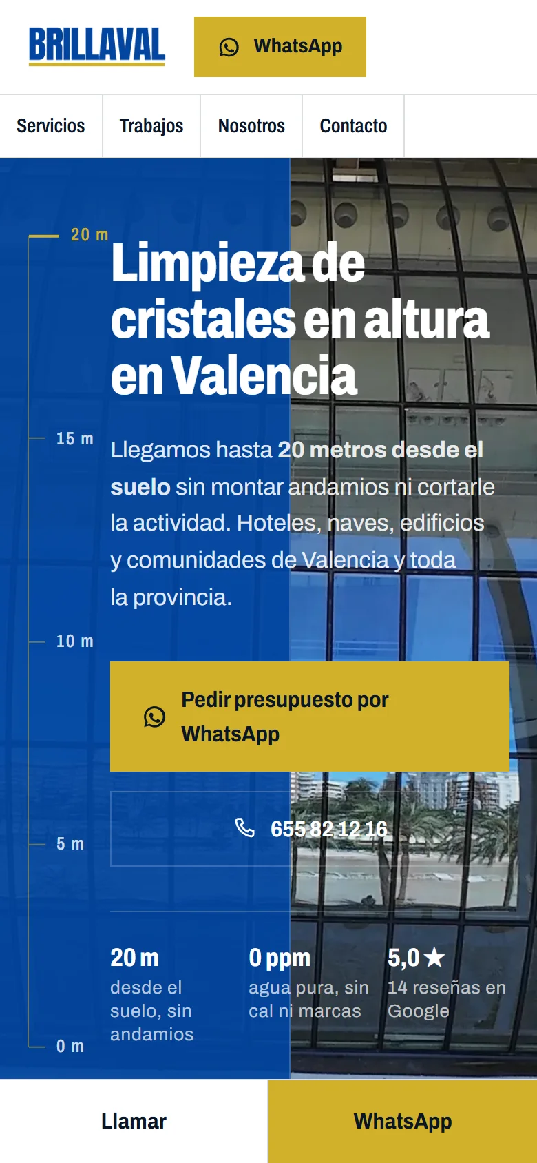 brillaval.es en el móvil, con los botones de llamar y WhatsApp abajo